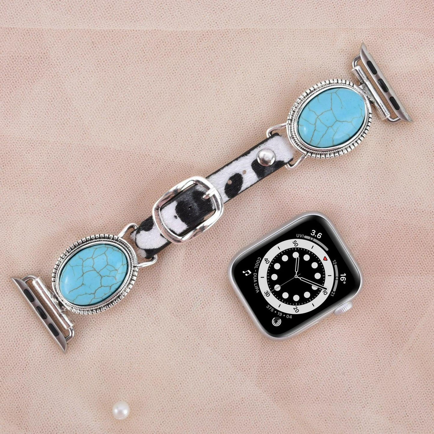 Apple Watch Bands For Women Black/White Genuine Leather Blue Stone Band