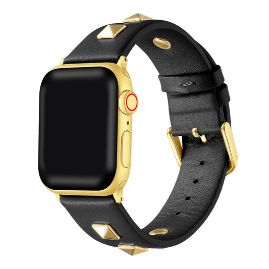 Apple Watch Bands For Women Gold Pyramid Studs Black Leather Band